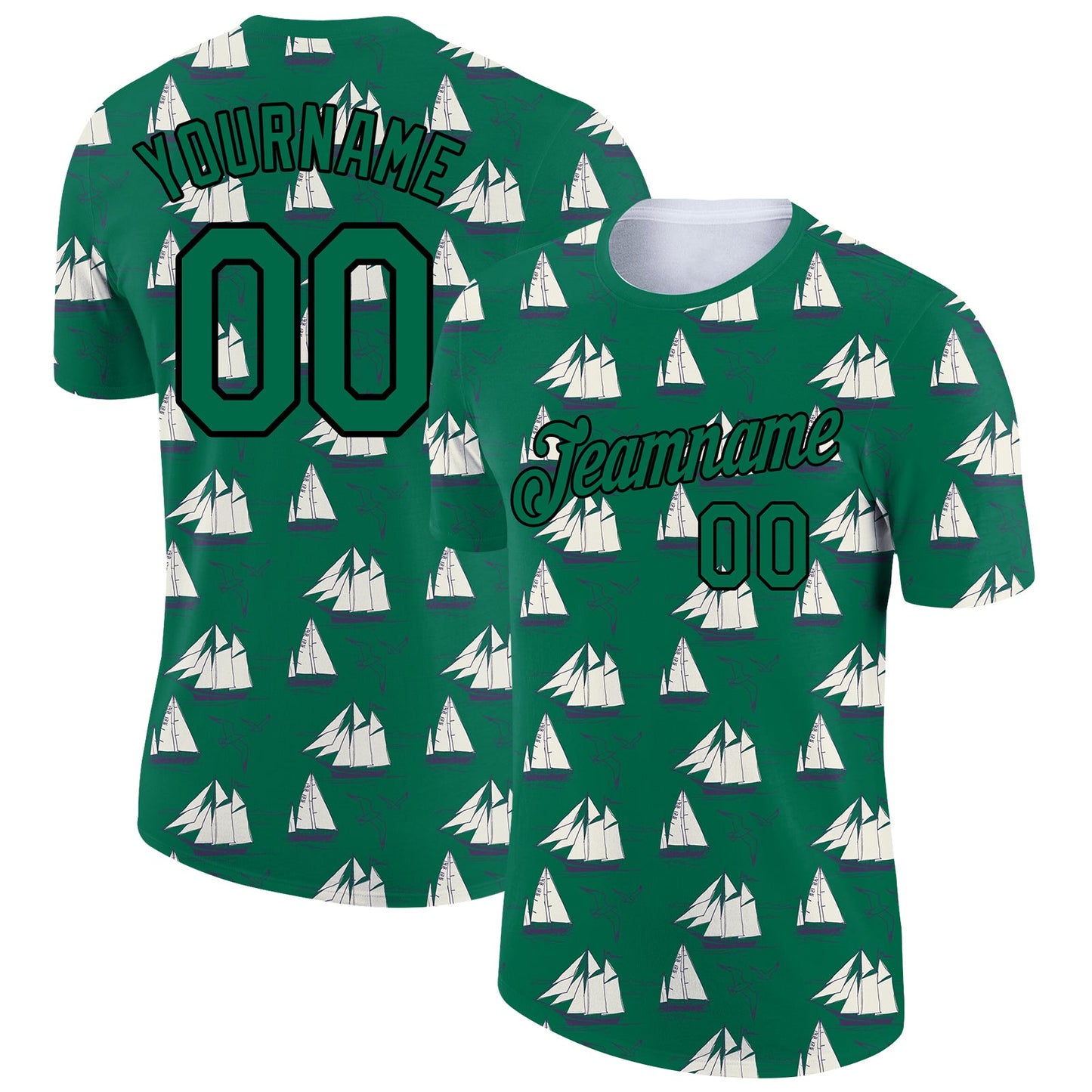Custom Kelly Green Black 3D Pattern Design Sailing Ship Columbus Day Performance T-Shirt - Main View