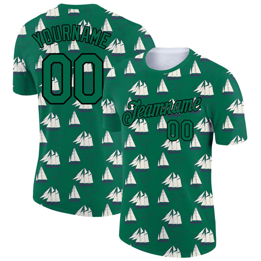 Custom Kelly Green Black 3D Pattern Design Sailing Ship Columbus Day Performance T-Shirt - Main View