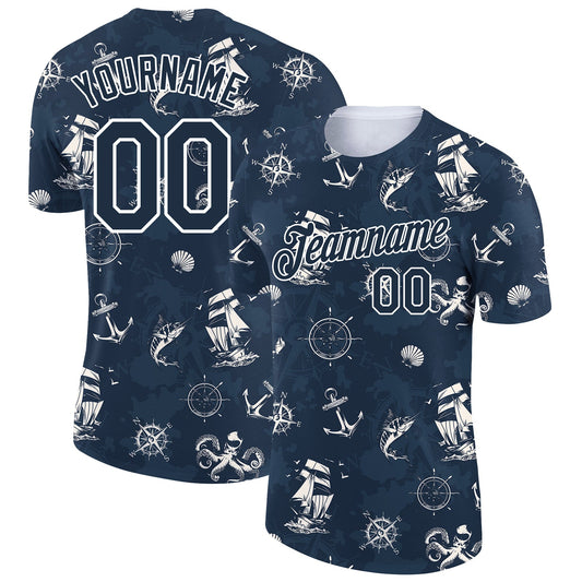 Custom Navy White 3D Pattern Design Sailing Ship Wheel Compass Columbus Day Performance T-Shirt - Main View