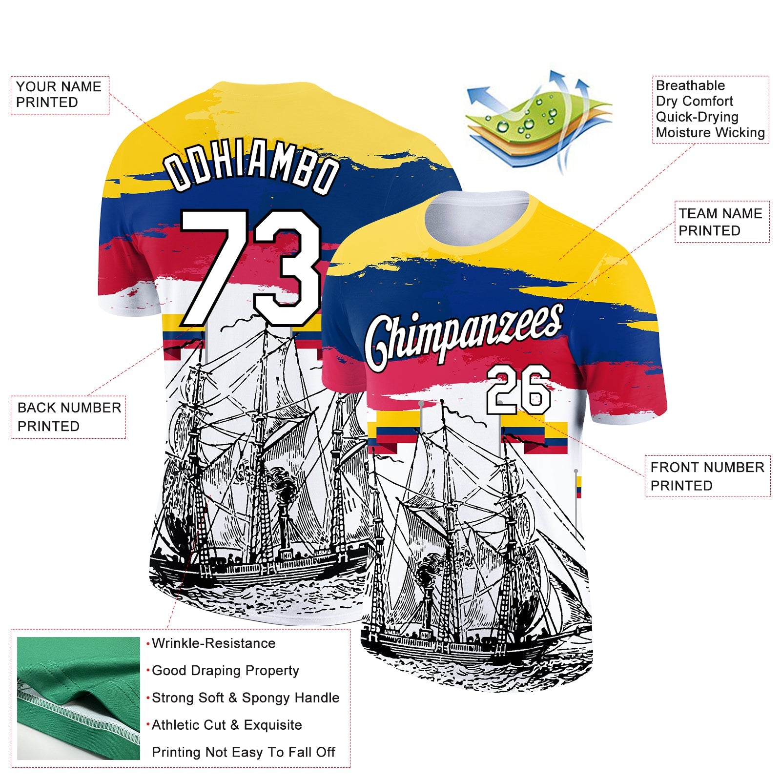 Custom Gold Royal Red-Black 3D Pattern Design Sailing Ship Columbus Day Colombian Flag Performance T-Shirt view 2