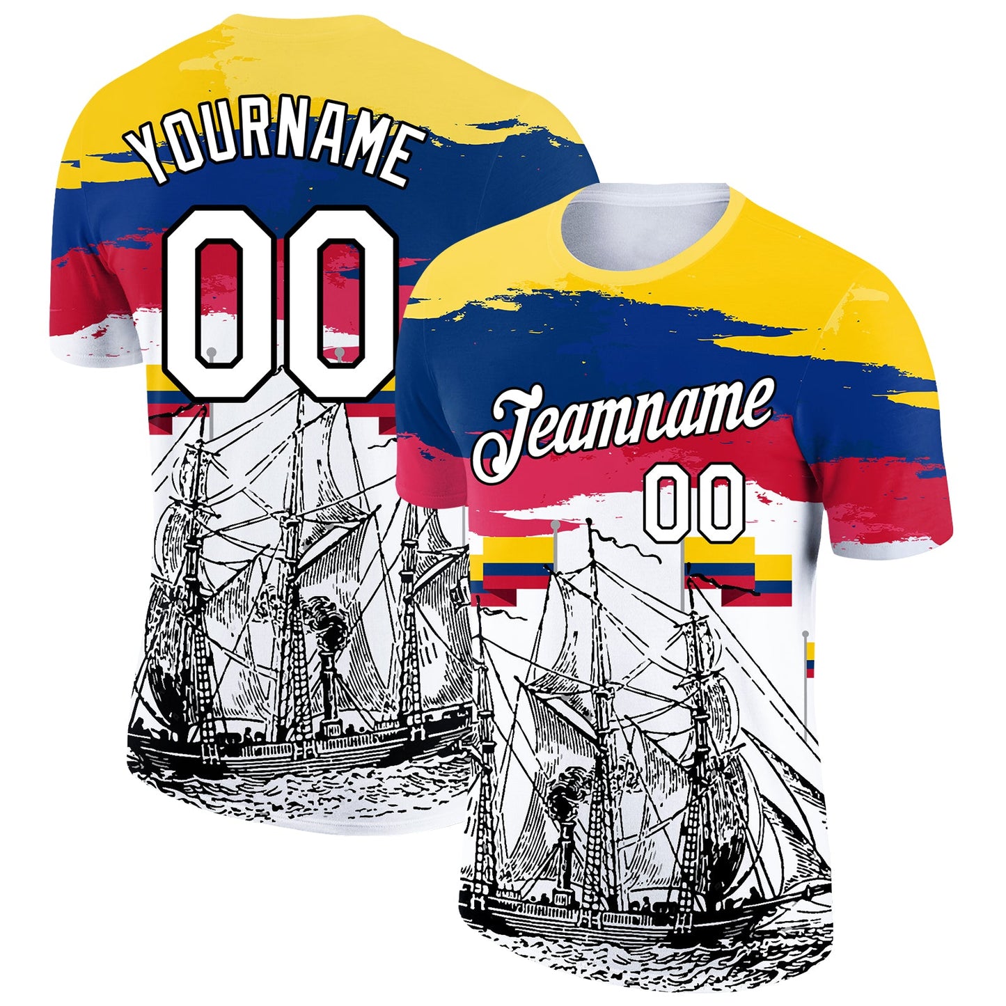 Custom Gold Royal Red-Black 3D Pattern Design Sailing Ship Columbus Day Colombian Flag Performance T-Shirt - Main View