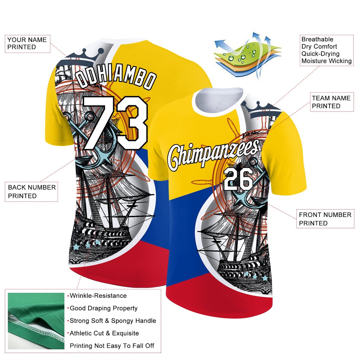 Custom Gold Royal Red-Black 3D Pattern Design Sailing Ship Columbus Day Colombian Flag Performance T-Shirt view 2