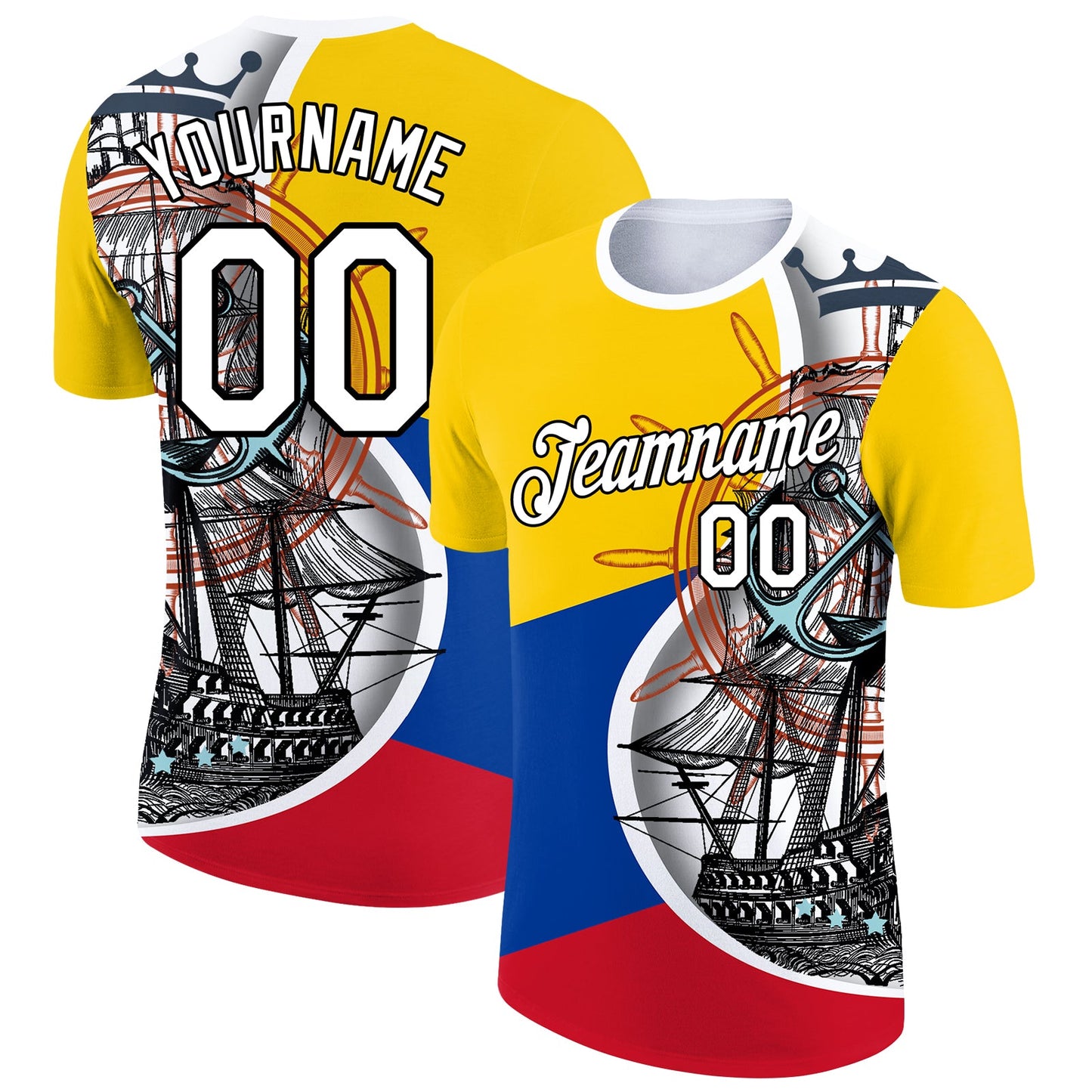 Custom Gold Royal Red-Black 3D Pattern Design Sailing Ship Columbus Day Colombian Flag Performance T-Shirt - Main View