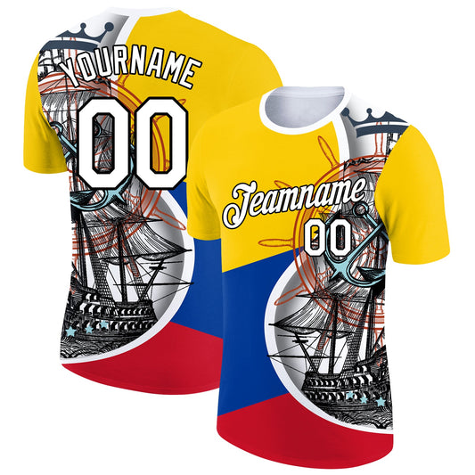 Custom Gold Royal Red-Black 3D Pattern Design Sailing Ship Columbus Day Colombian Flag Performance T-Shirt - Main View