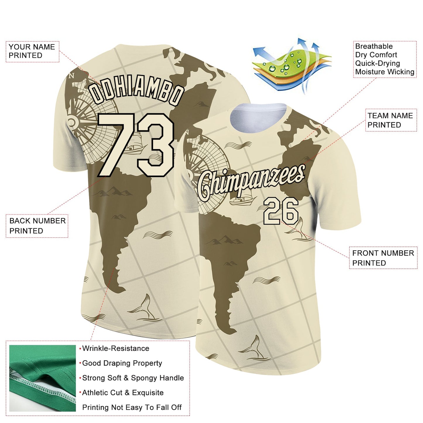 Custom City Cream Black 3D Pattern Design Sailing Ship Compass Columbus Day Performance T-Shirt view 2