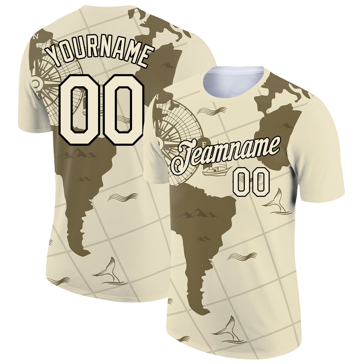 Custom City Cream Black 3D Pattern Design Sailing Ship Compass Columbus Day Performance T-Shirt - Main View