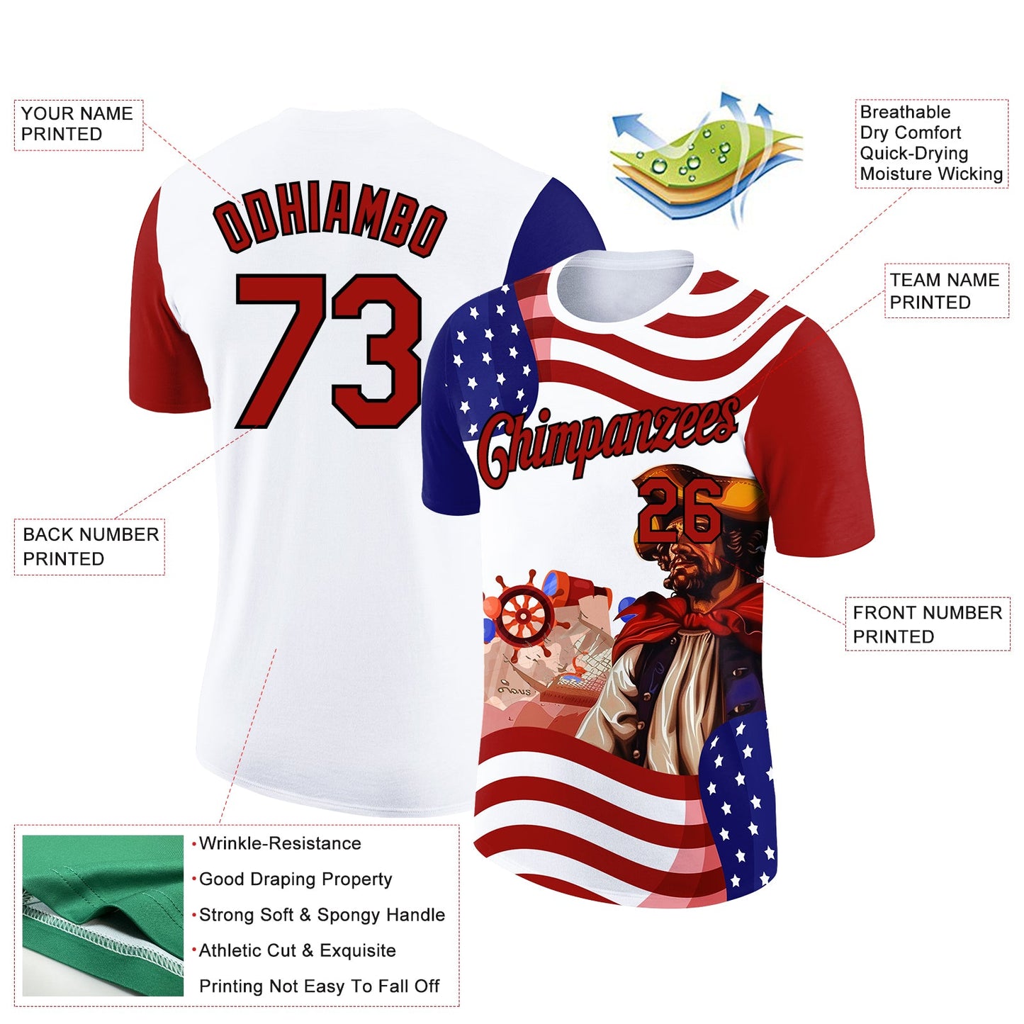 Custom White Red-Black 3D Pattern Design Sailing Ship Wheel Columbus Day American Flag Performance T-Shirt view 2