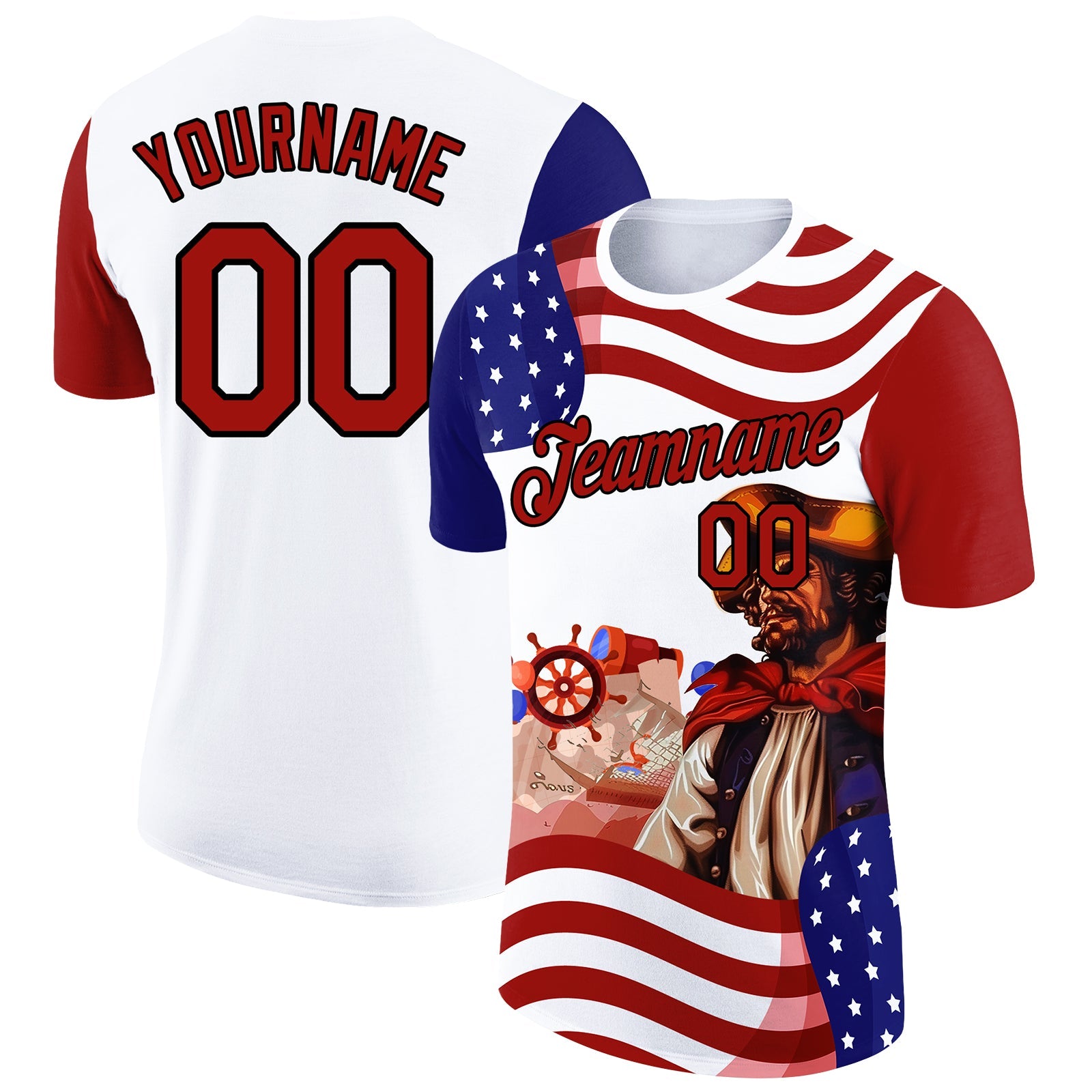 Custom White Red-Black 3D Pattern Design Sailing Ship Wheel Columbus Day American Flag Performance T-Shirt - Main View