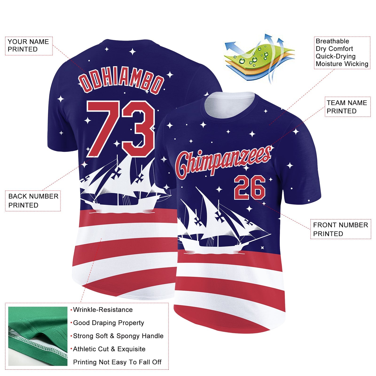Custom Navy Red-White 3D Pattern Design Sailing Ship Columbus Day American Flag Performance T-Shirt view 2