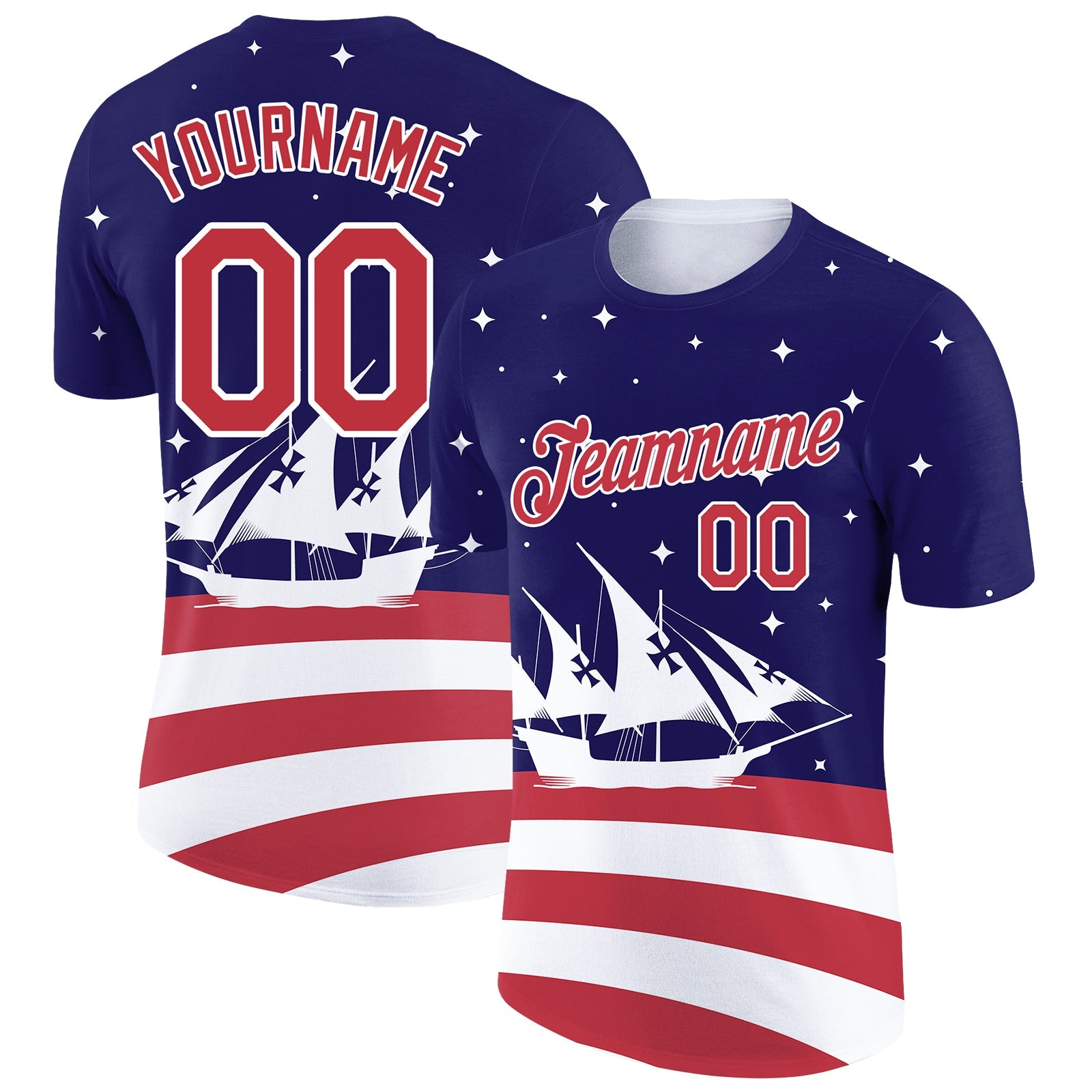 Custom Navy Red-White 3D Pattern Design Sailing Ship Columbus Day American Flag Performance T-Shirt - Main View
