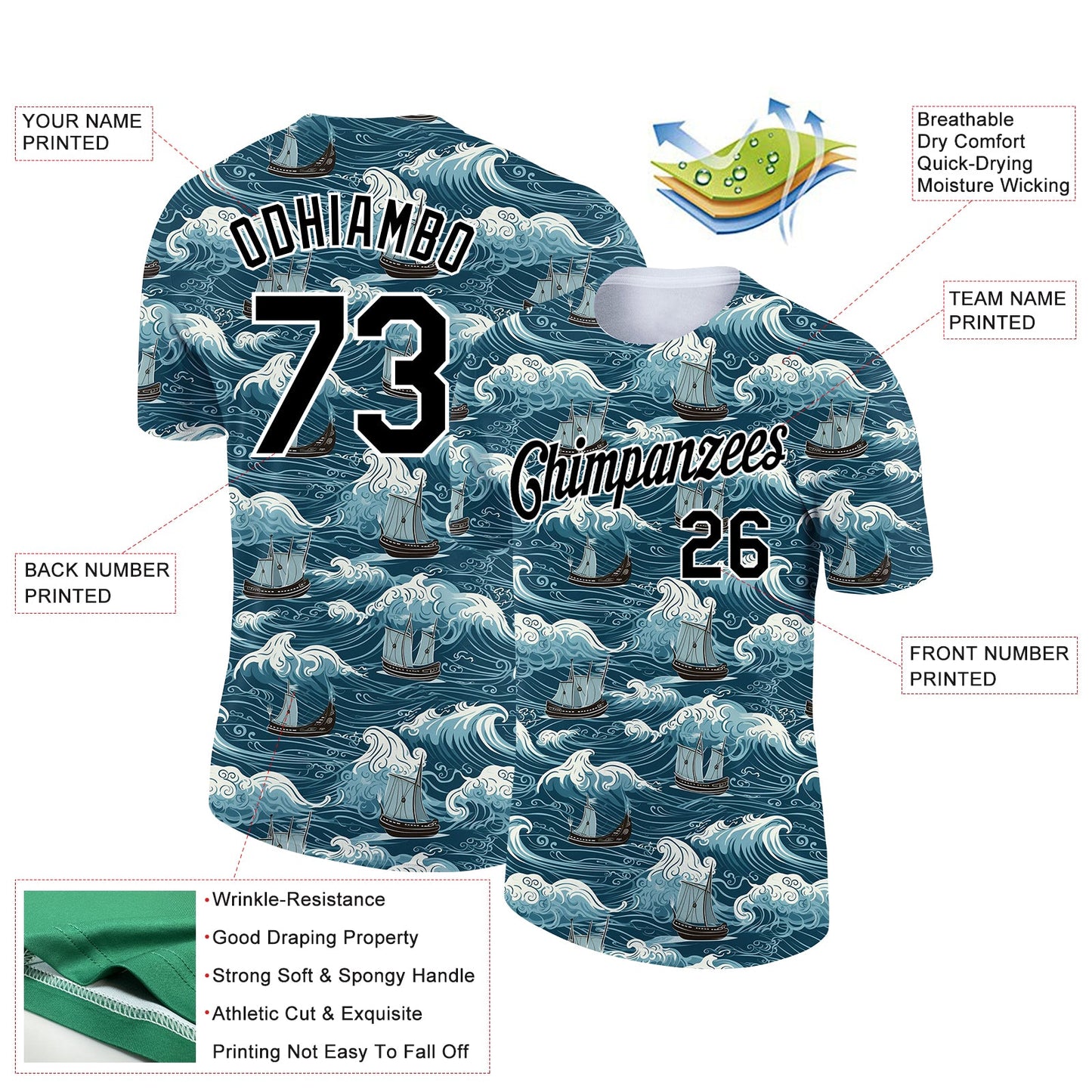 Custom Teal Black-White 3D Pattern Design Sailing Ship Columbus Day Performance T-Shirt view 2