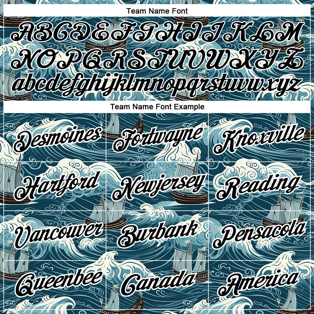 Custom Teal Black-White 3D Pattern Design Sailing Ship Columbus Day Performance T-Shirt view 3