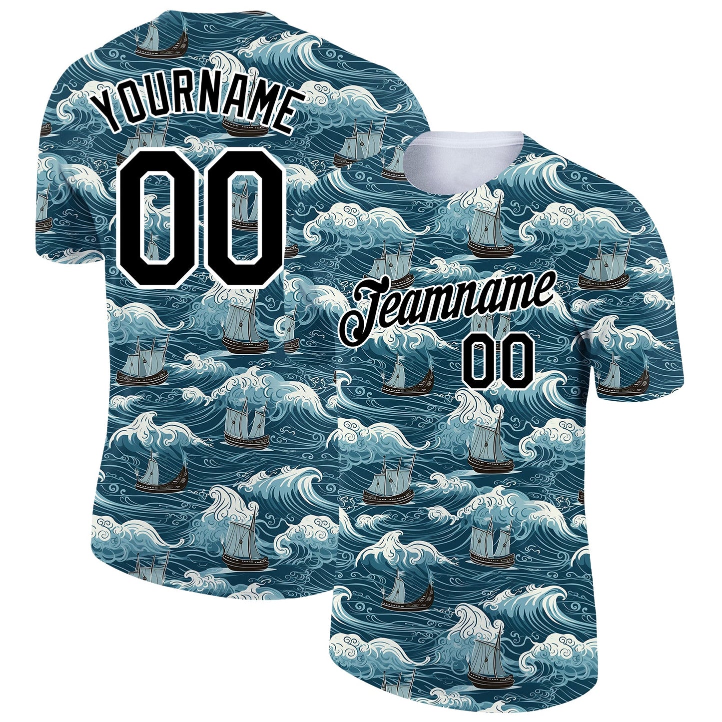 Custom Teal Black-White 3D Pattern Design Sailing Ship Columbus Day Performance T-Shirt - Main View