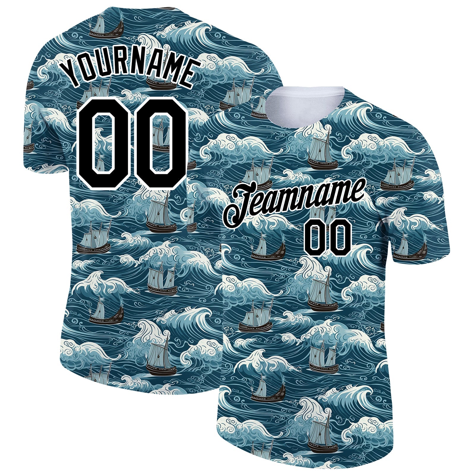 Custom Teal Black-White 3D Pattern Design Sailing Ship Columbus Day Performance T-Shirt - Main View