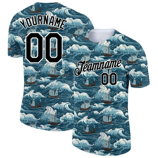 Custom Teal Black-White 3D Pattern Design Sailing Ship Columbus Day Performance T-Shirt - Main View