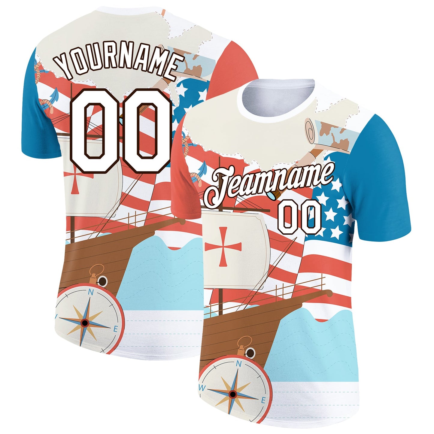 Custom City Cream White-Brown 3D Pattern Design Sailing Ship Compass Columbus Day Performance T-Shirt - Main View