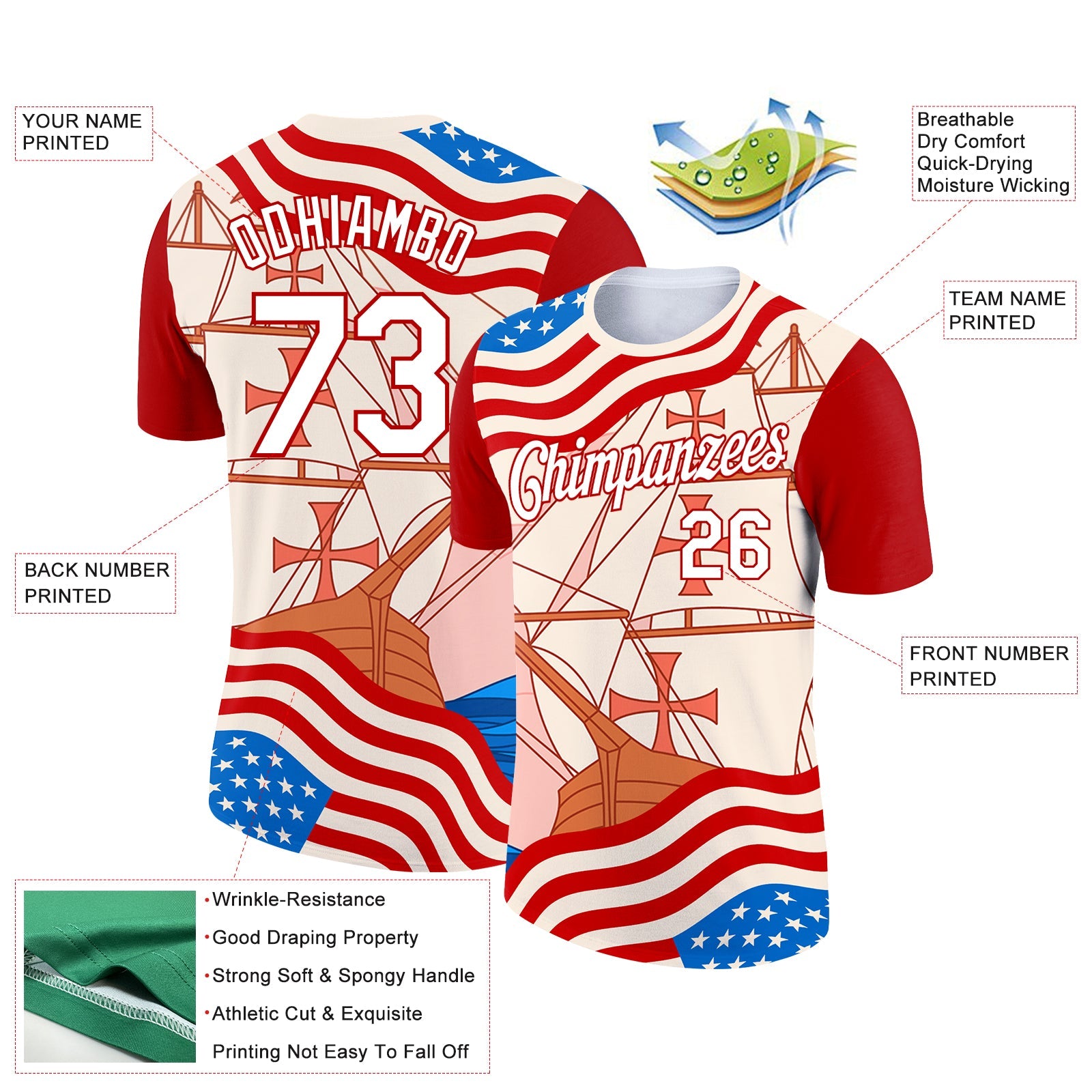 Custom City Cream White-Red 3D Pattern Design Sailing Ship Columbus Day American Flag Performance T-Shirt view 2