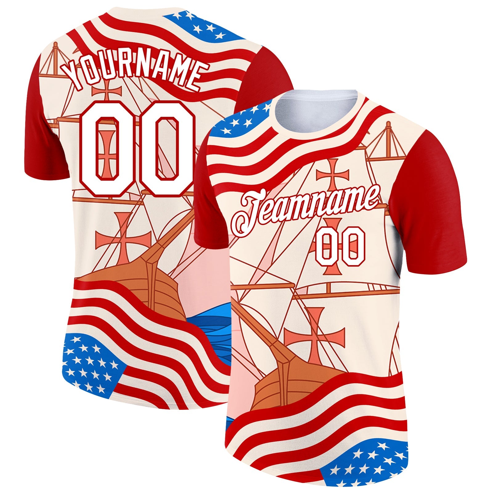 Custom City Cream White-Red 3D Pattern Design Sailing Ship Columbus Day American Flag Performance T-Shirt - Main View