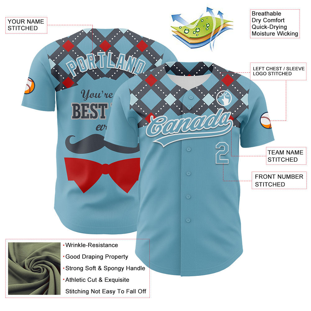 Custom Shadow Blue White 3D Pattern Design Father's Day Mustache Authentic Baseball Jersey view 3