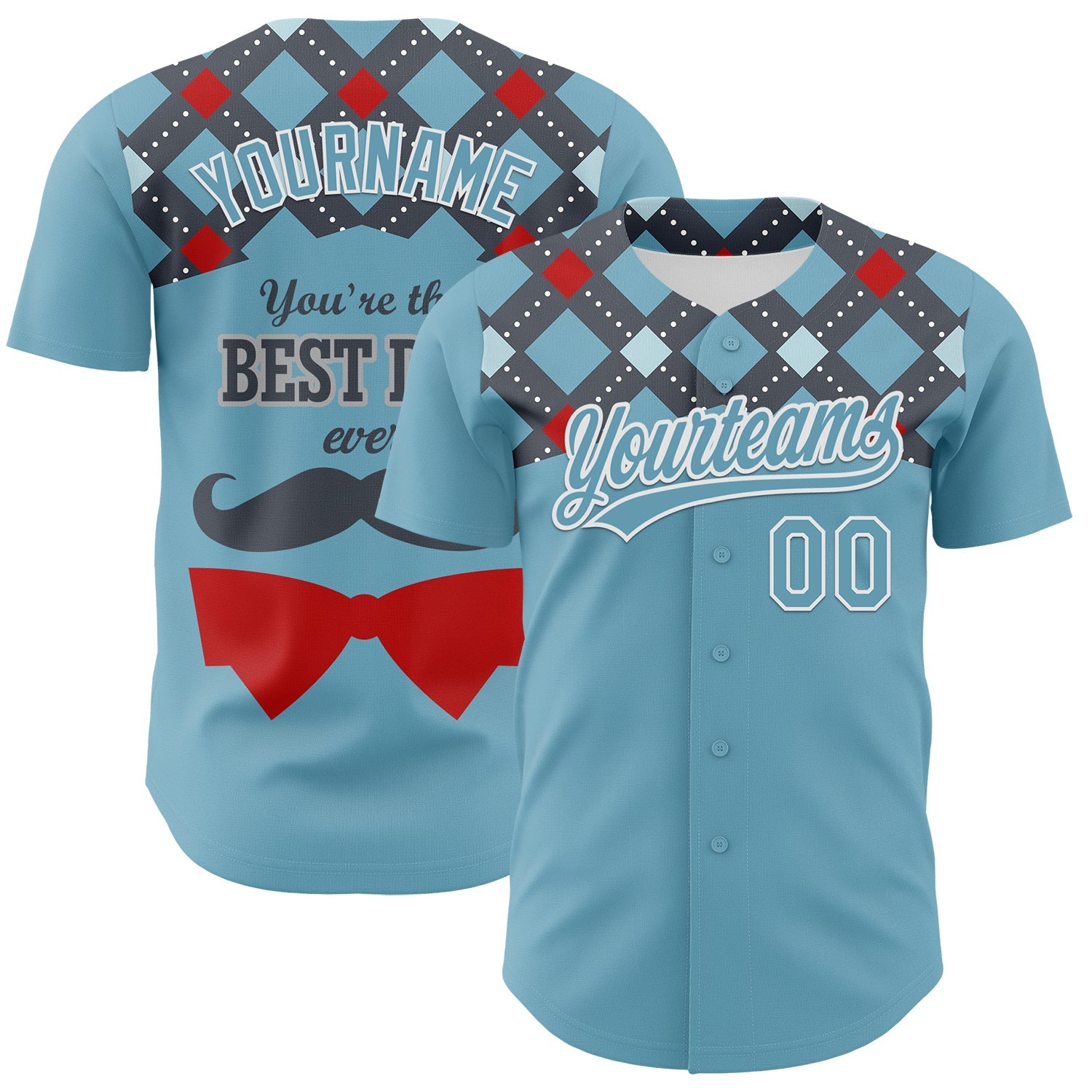 Custom Shadow Blue White 3D Pattern Design Father's Day Mustache Authentic Baseball Jersey - Main View