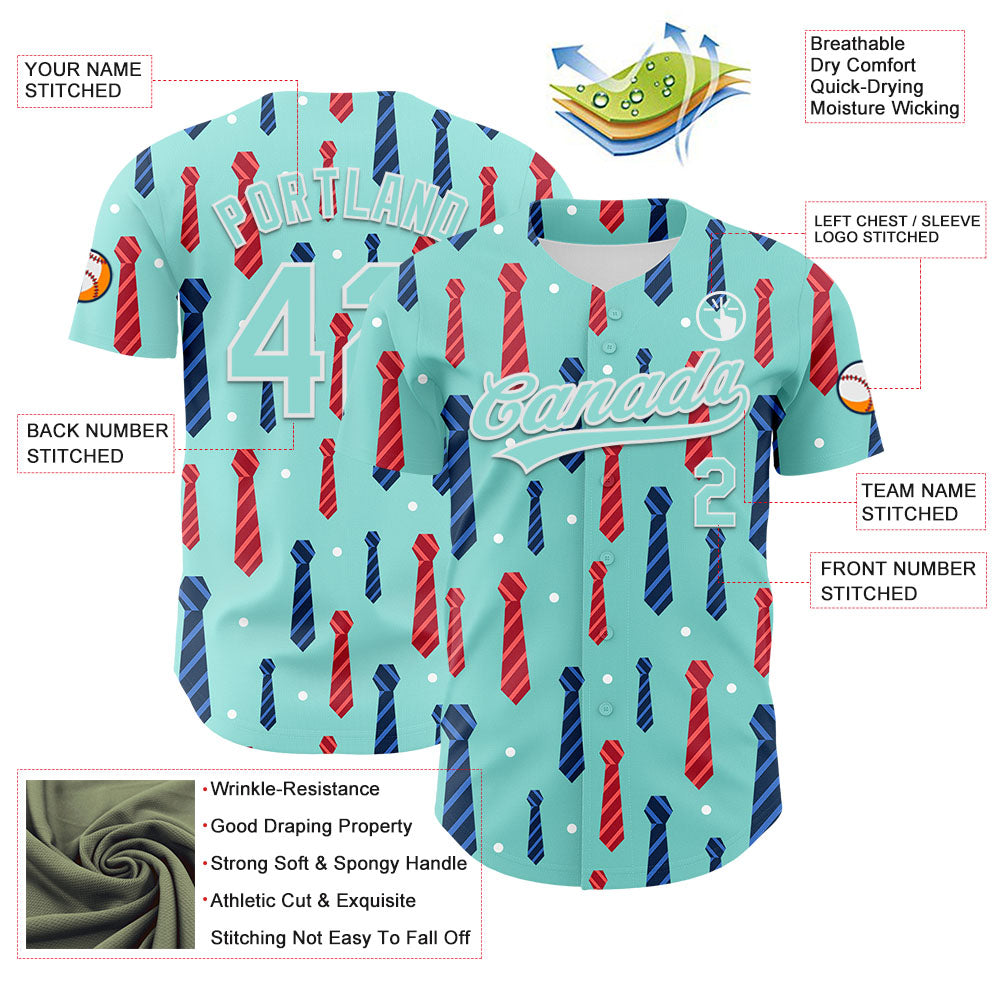 Custom Ice Blue White 3D Pattern Design Father's Day Tie Authentic Baseball Jersey view 3