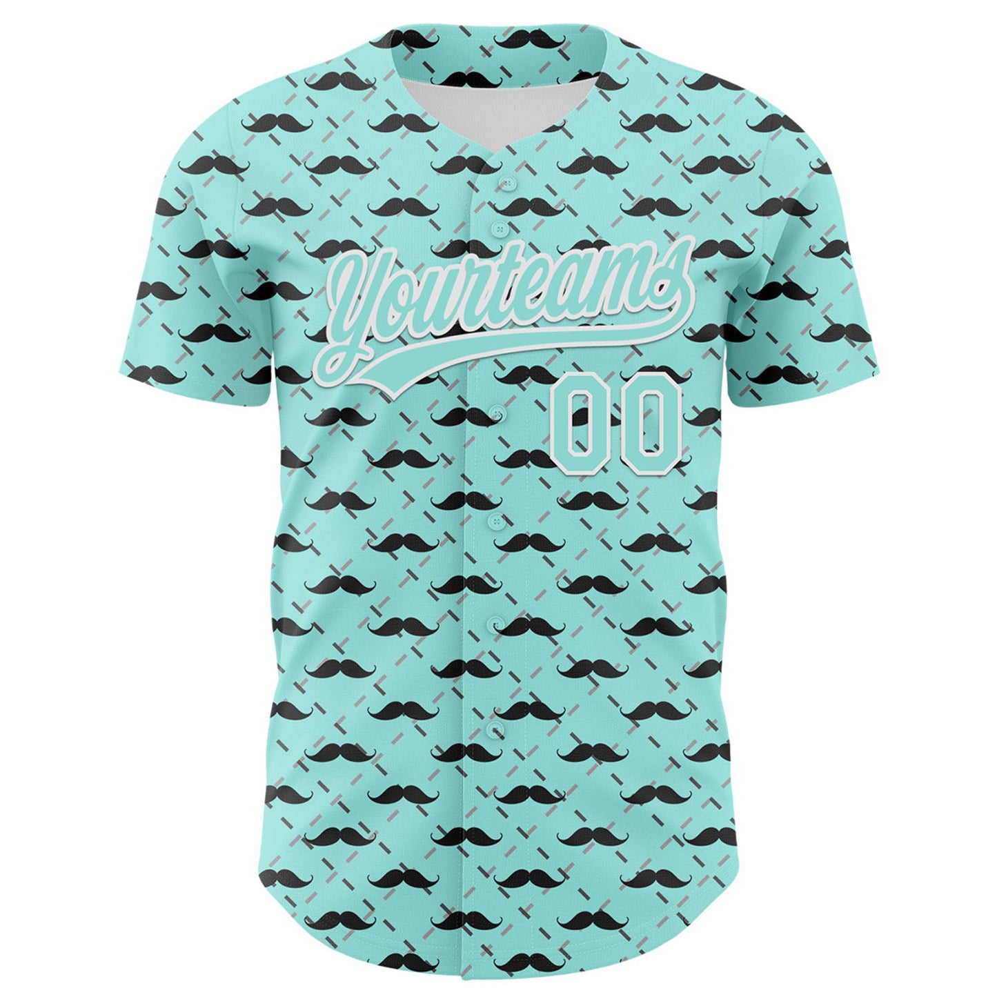 Custom Ice Blue White 3D Pattern Design Father's Day Mustache Authentic Baseball Jersey view 2