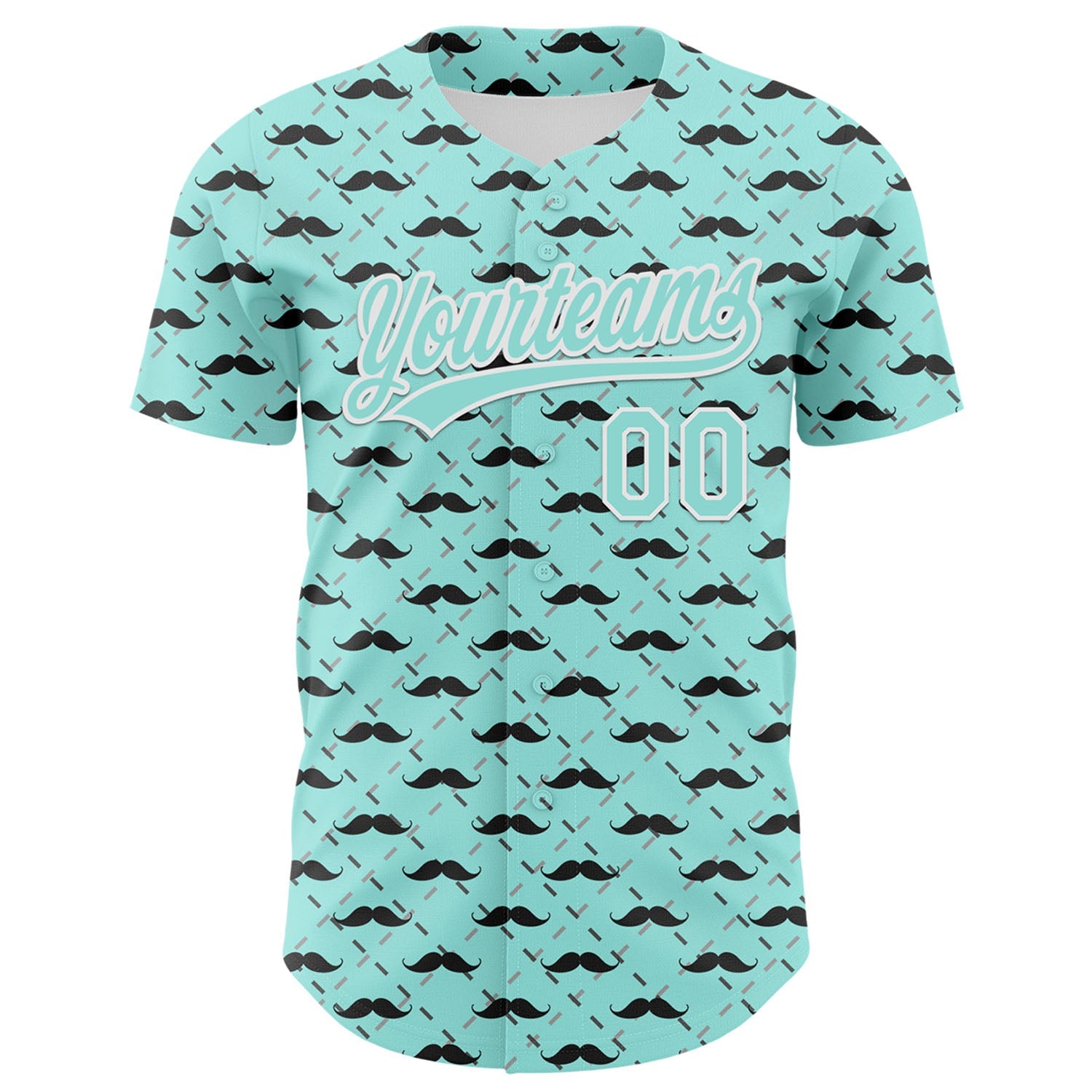 Custom Ice Blue White 3D Pattern Design Father's Day Mustache Authentic Baseball Jersey view 2