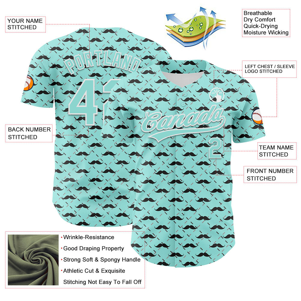 Custom Ice Blue White 3D Pattern Design Father's Day Mustache Authentic Baseball Jersey view 3