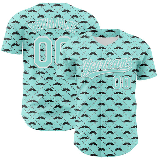 Custom Ice Blue White 3D Pattern Design Father's Day Mustache Authentic Baseball Jersey - Main View
