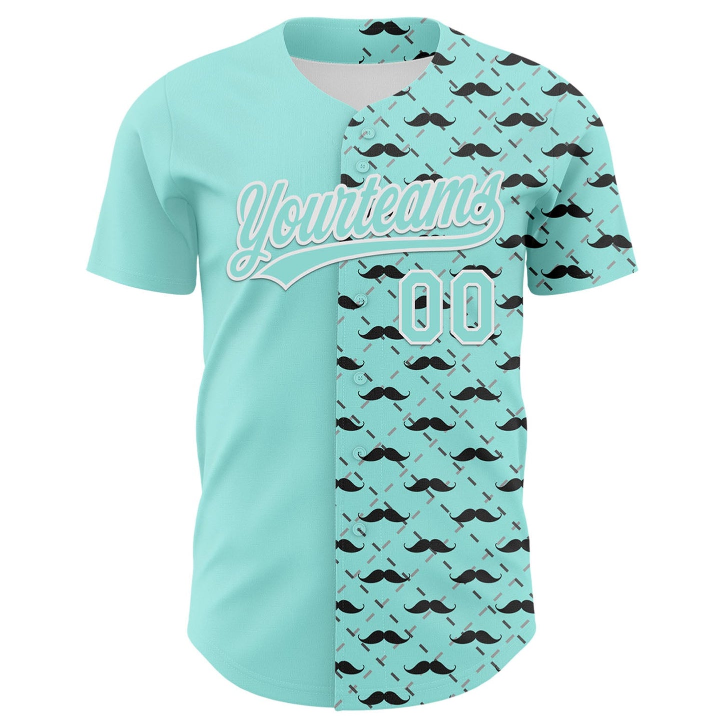 Custom Ice Blue White 3D Pattern Design Father's Day Mustache Authentic Baseball Jersey view 2