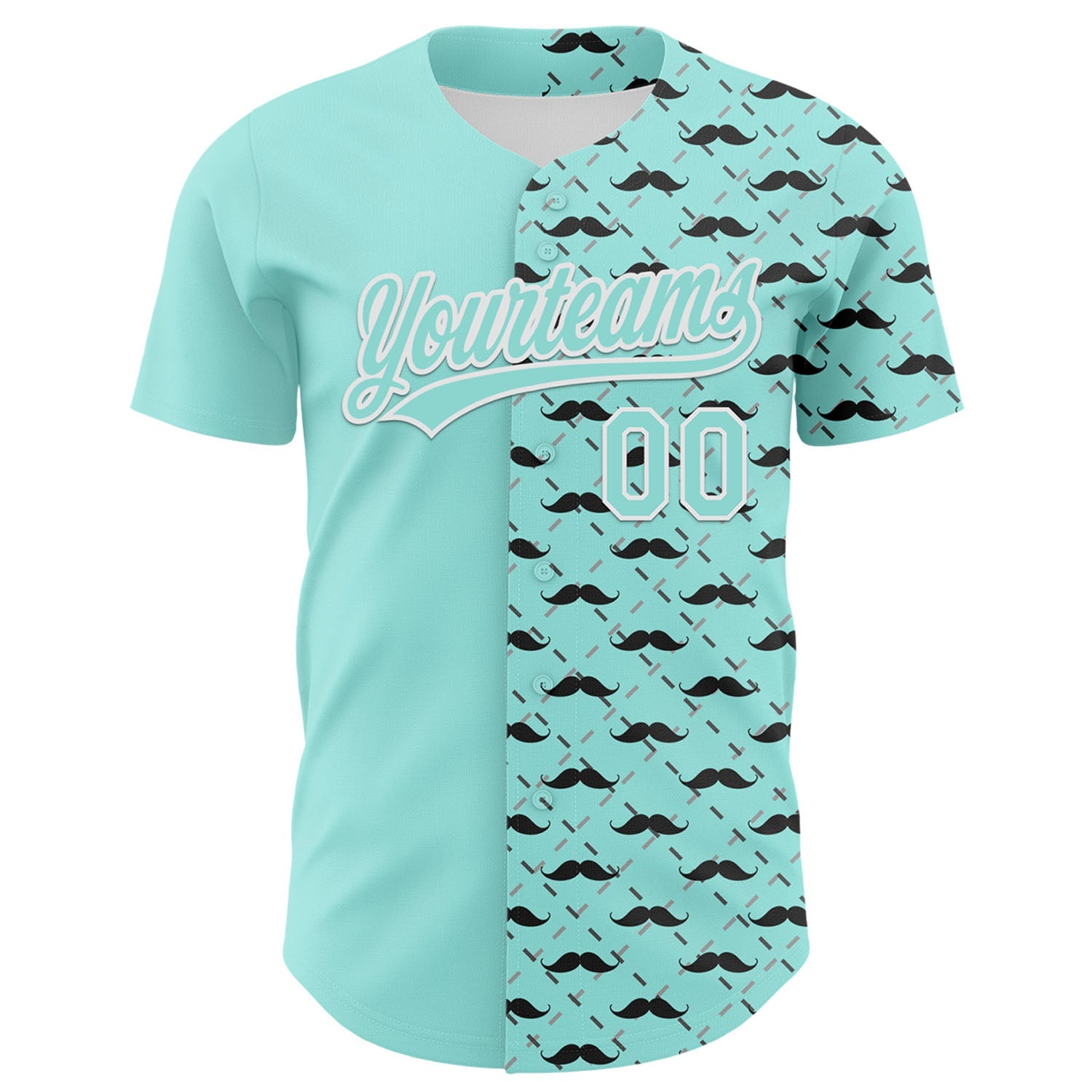 Custom Ice Blue White 3D Pattern Design Father's Day Mustache Authentic Baseball Jersey view 2