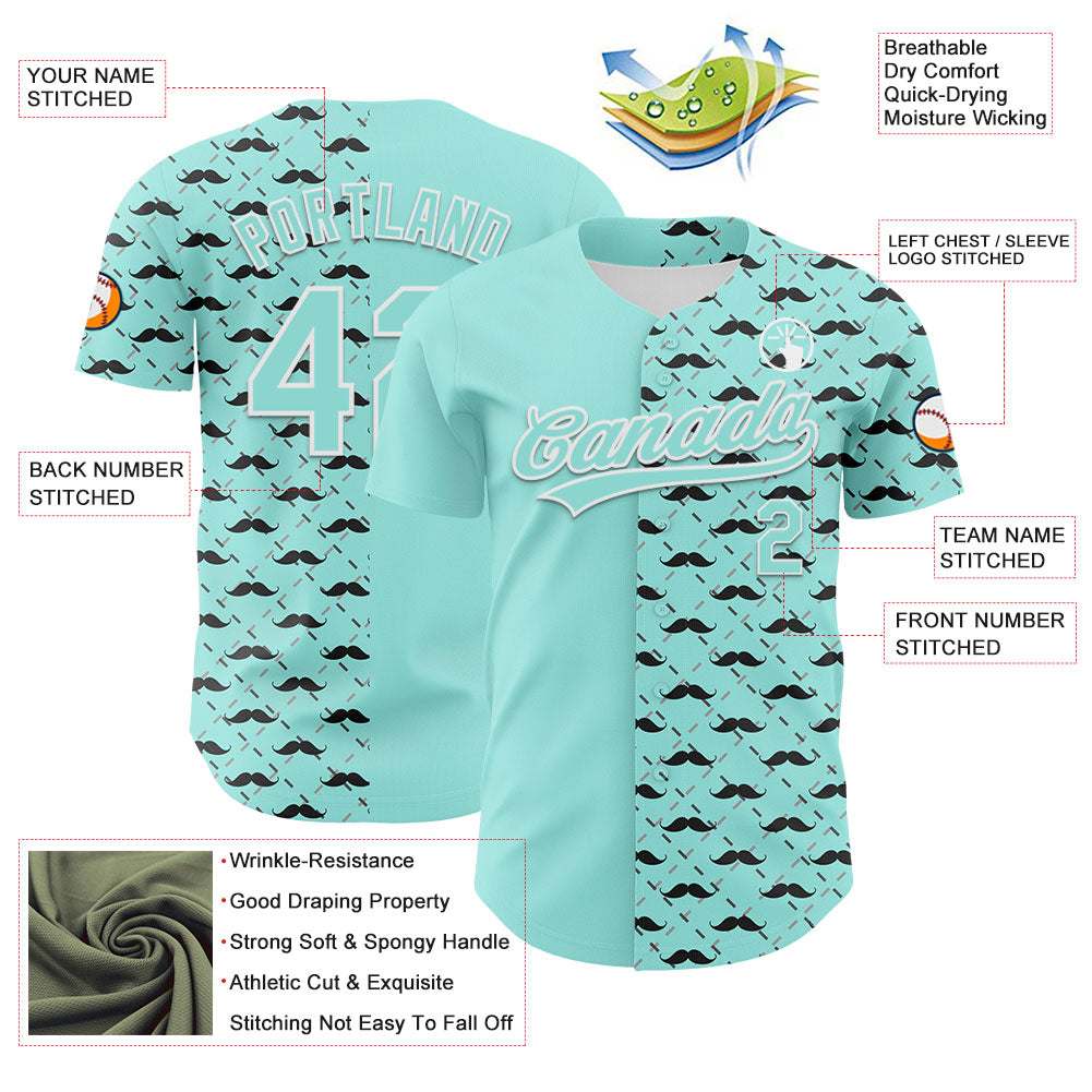 Custom Ice Blue White 3D Pattern Design Father's Day Mustache Authentic Baseball Jersey view 3