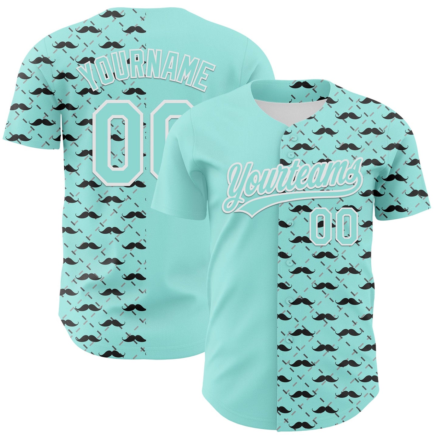 Custom Ice Blue White 3D Pattern Design Father's Day Mustache Authentic Baseball Jersey - Main View