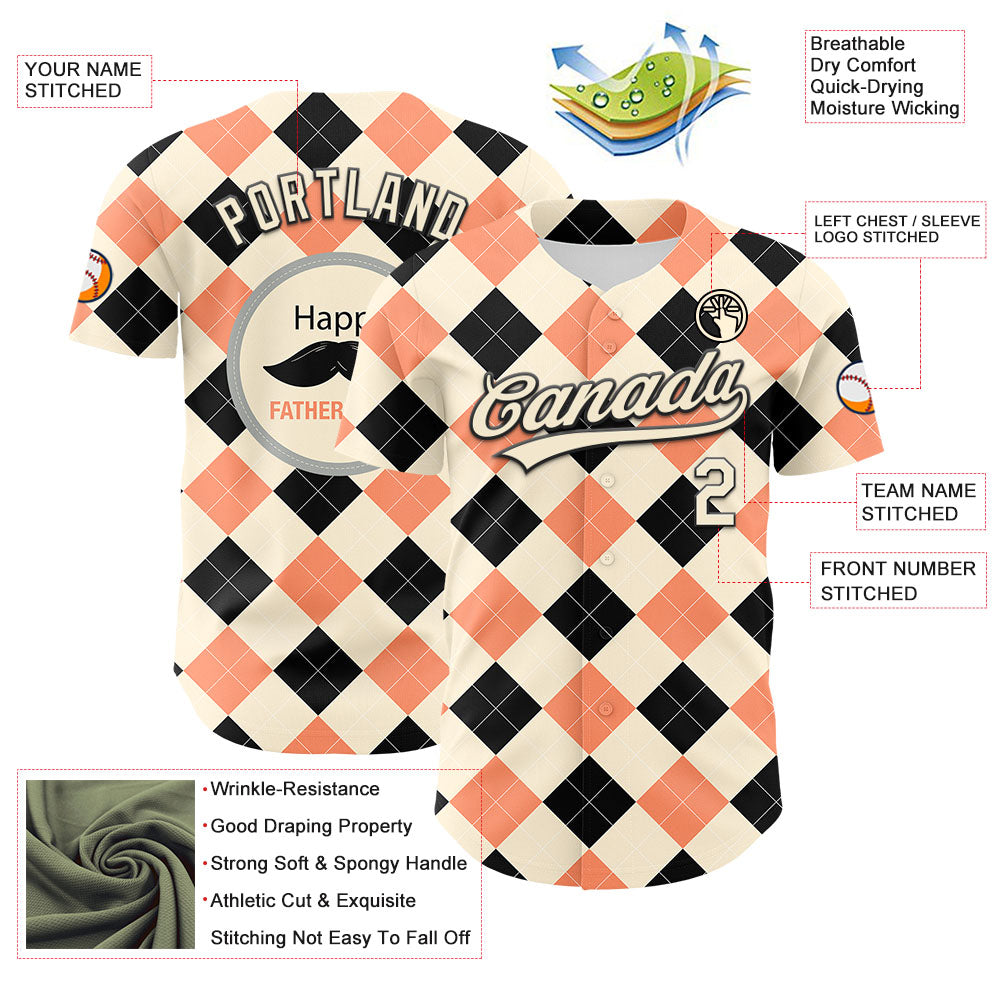Custom Cream Black 3D Pattern Design Father's Day Mustache Authentic Baseball Jersey view 3