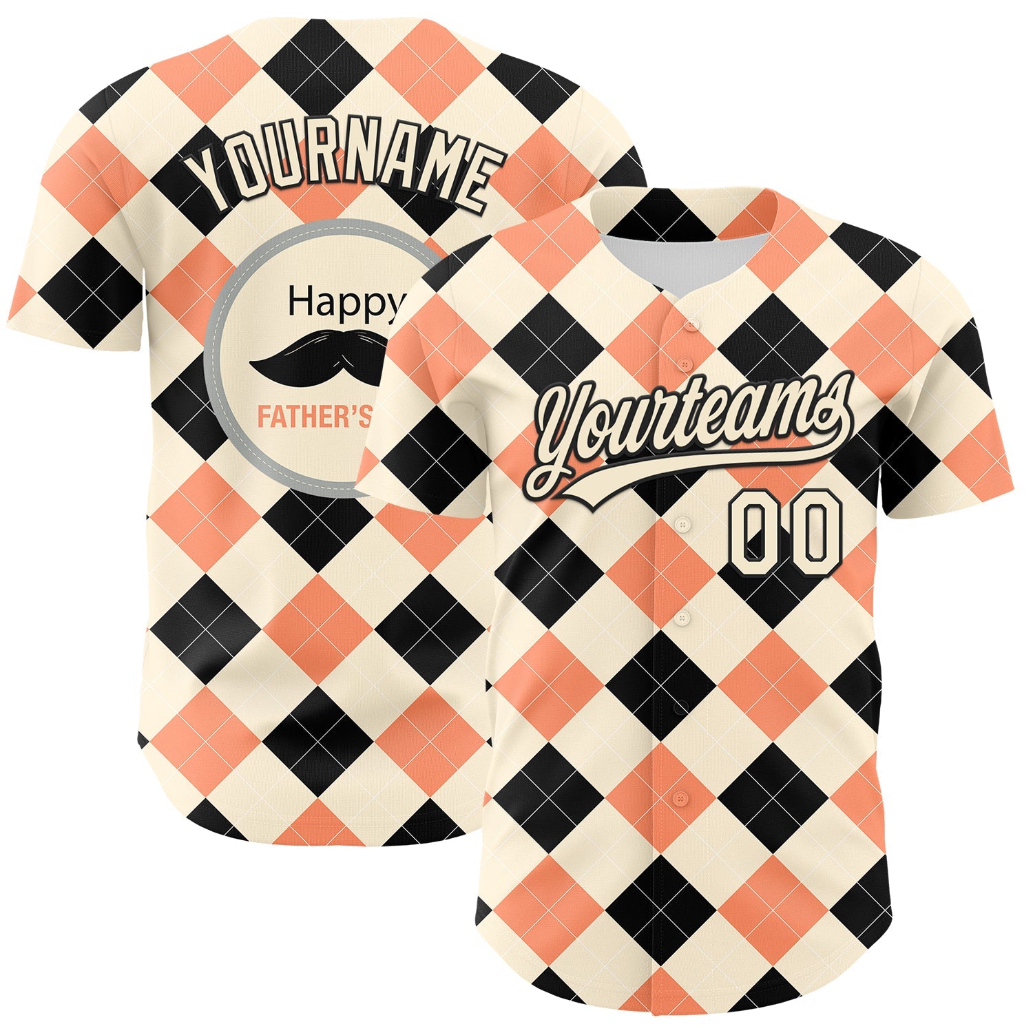 Custom Cream Black 3D Pattern Design Father's Day Mustache Authentic Baseball Jersey - Main View