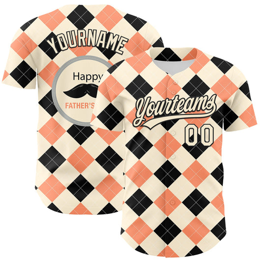 Custom Cream Black 3D Pattern Design Father's Day Mustache Authentic Baseball Jersey - Main View