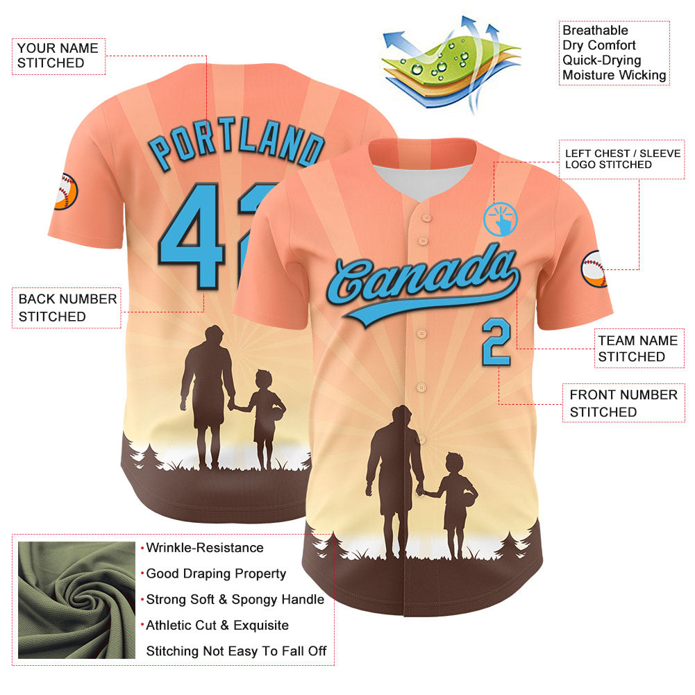 Custom Medium Pink Sky Blue-Black 3D Pattern Design Father's Day Family Love Authentic Baseball Jersey view 3