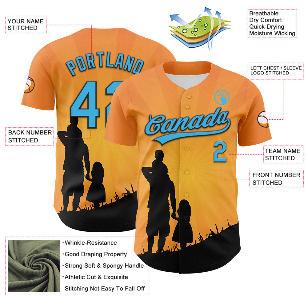 Custom Bay Orange Sky Blue-Black 3D Pattern Design Father's Day Family Love Authentic Baseball Jersey view 3