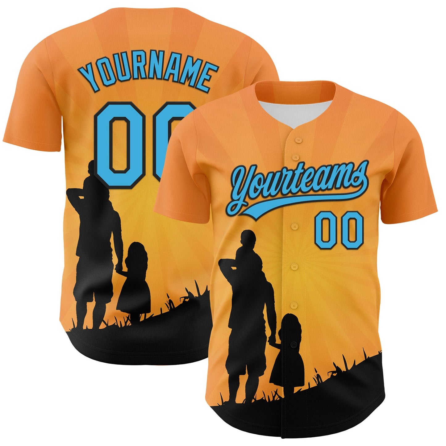 Custom Bay Orange Sky Blue-Black 3D Pattern Design Father's Day Family Love Authentic Baseball Jersey - Main View