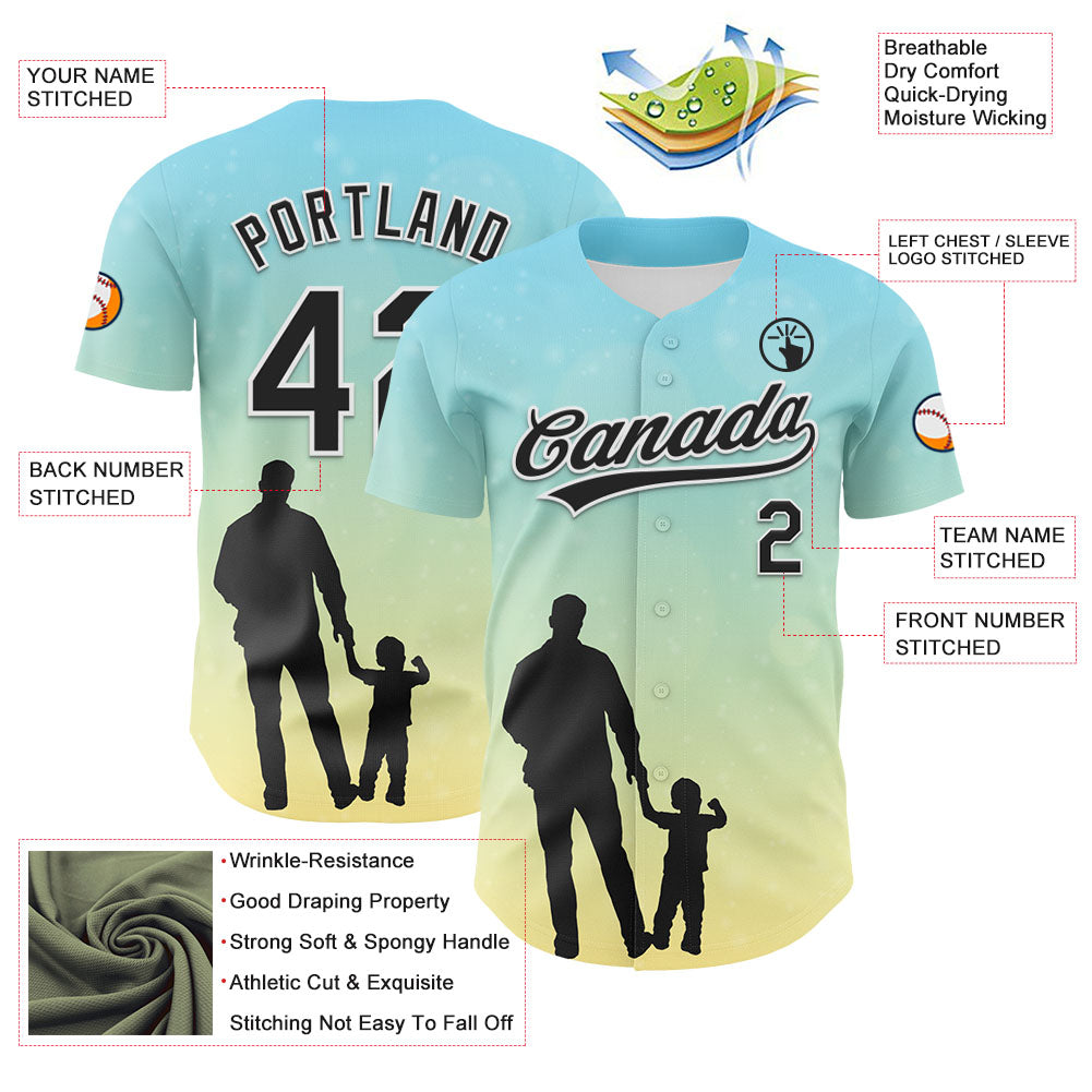 Custom Ice Blue Black-White 3D Pattern Design Father's Day Family Love Authentic Baseball Jersey view 3