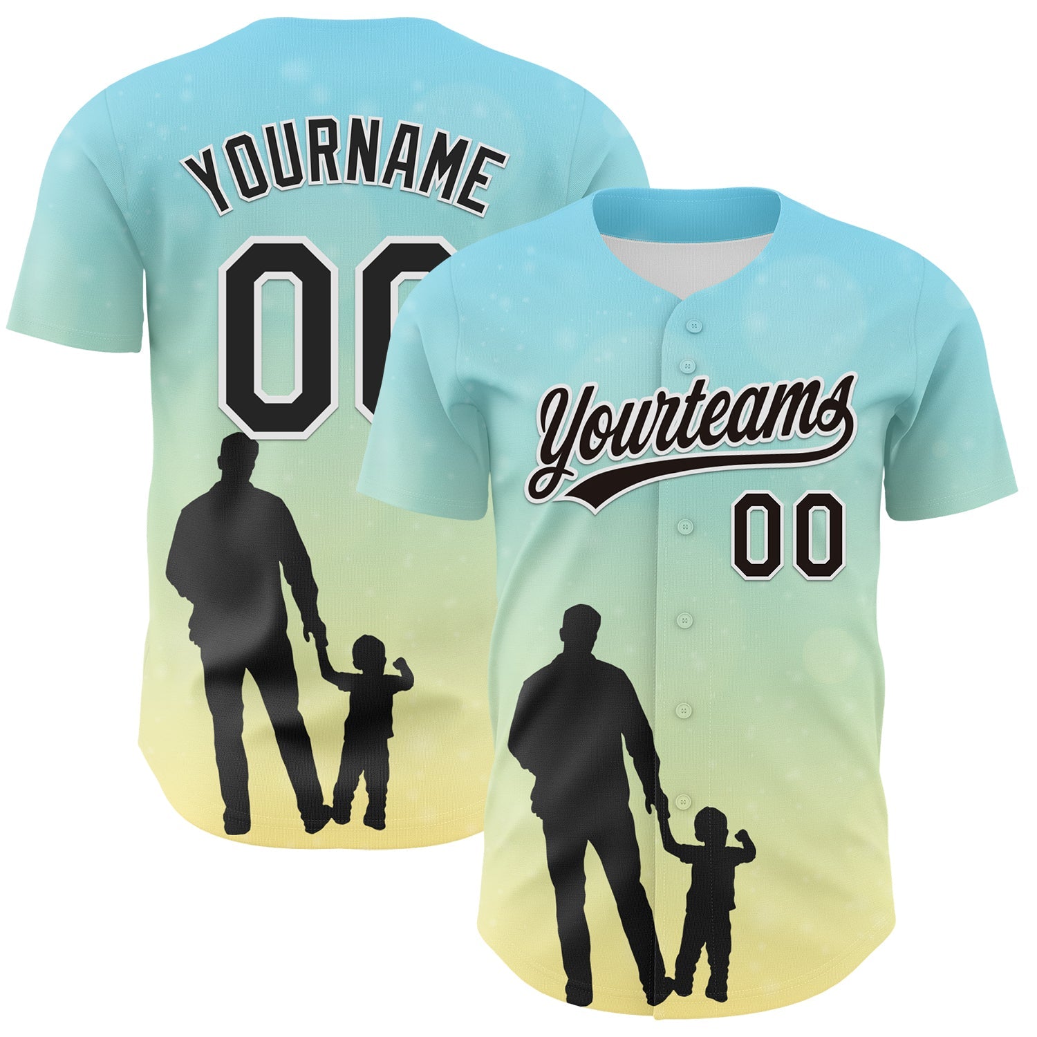 Custom Ice Blue Black-White 3D Pattern Design Father's Day Family Love Authentic Baseball Jersey - Main View