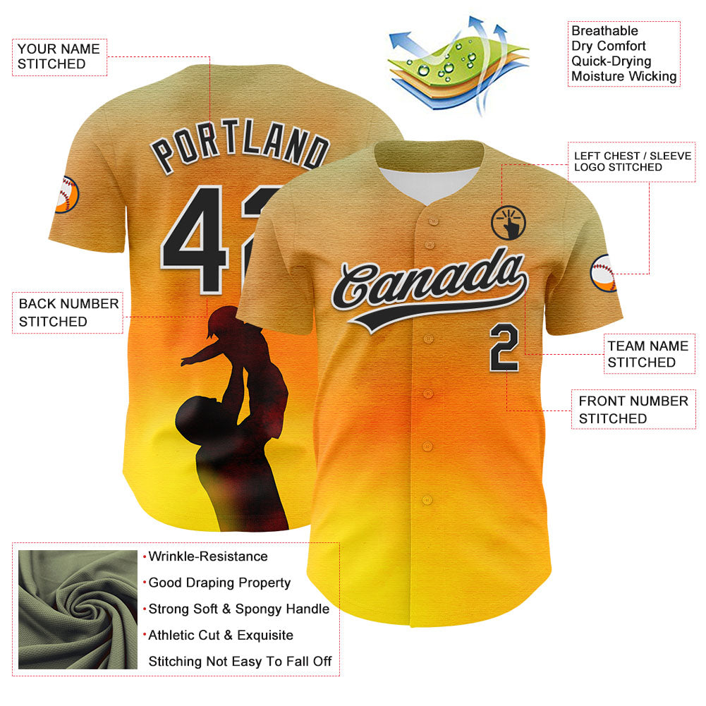 Custom Old Gold Black-White 3D Pattern Design Father's Day Family Love Authentic Baseball Jersey view 3
