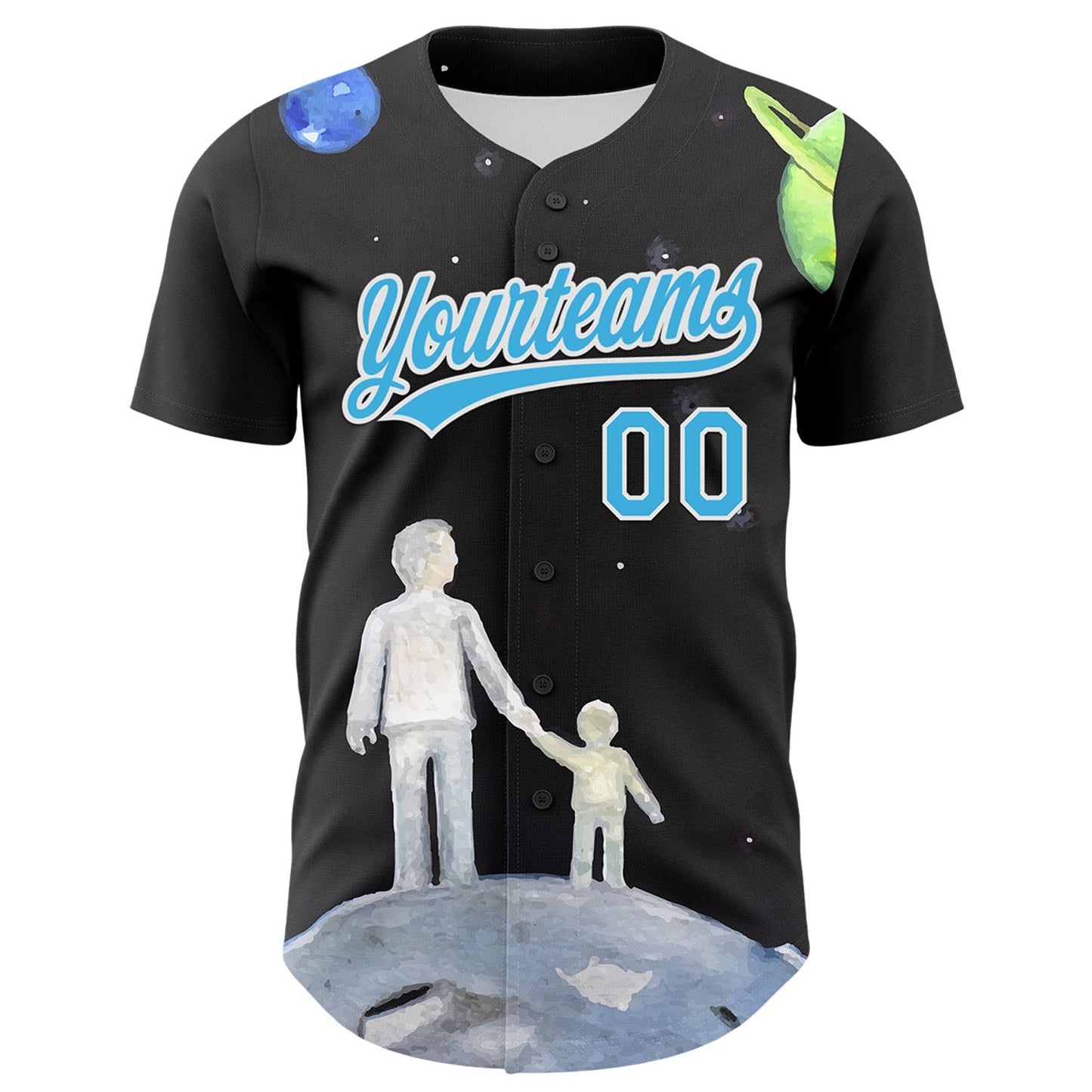 Custom Black Sky Blue-White 3D Pattern Design Father's Day Family Love Authentic Baseball Jersey view 2