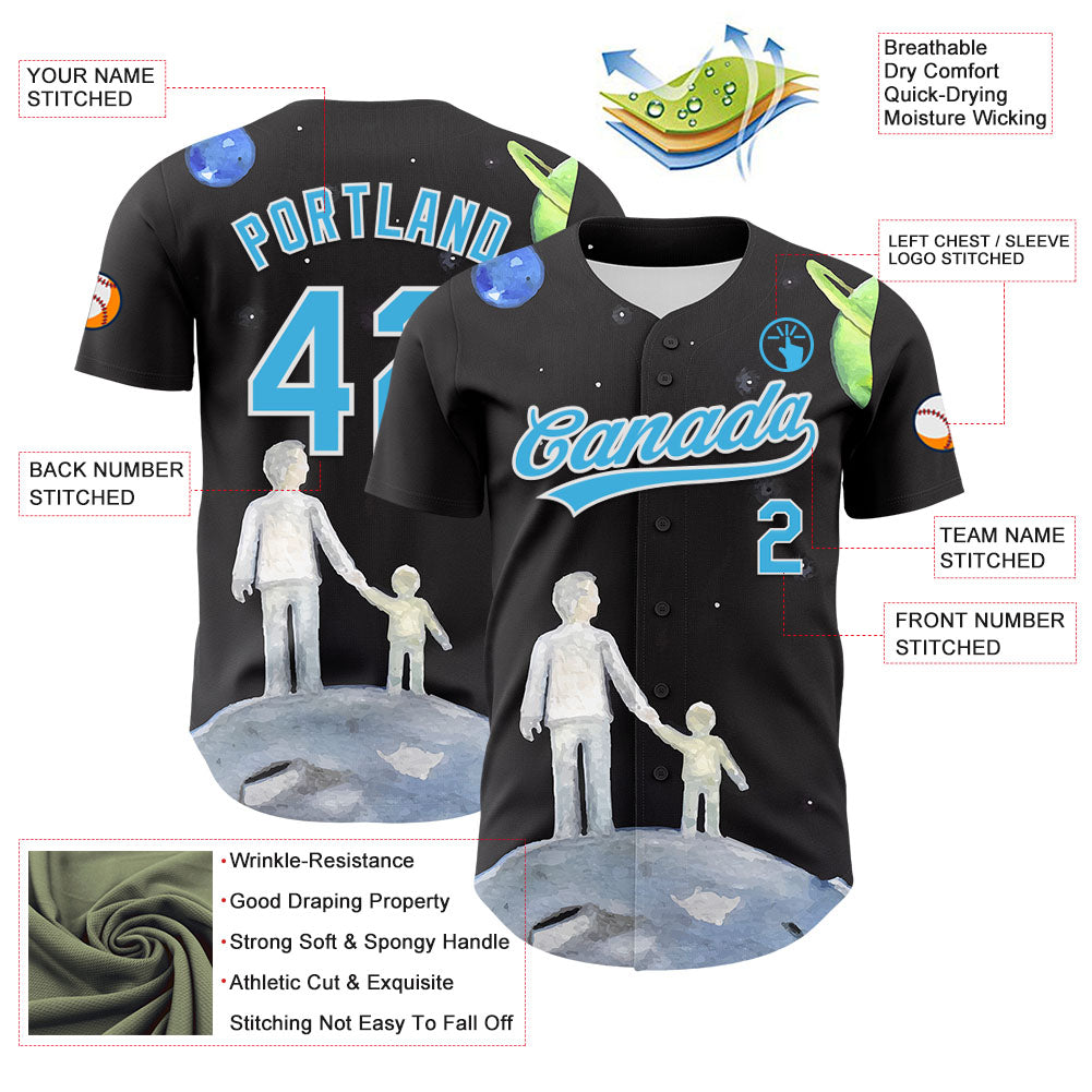 Custom Black Sky Blue-White 3D Pattern Design Father's Day Family Love Authentic Baseball Jersey view 3