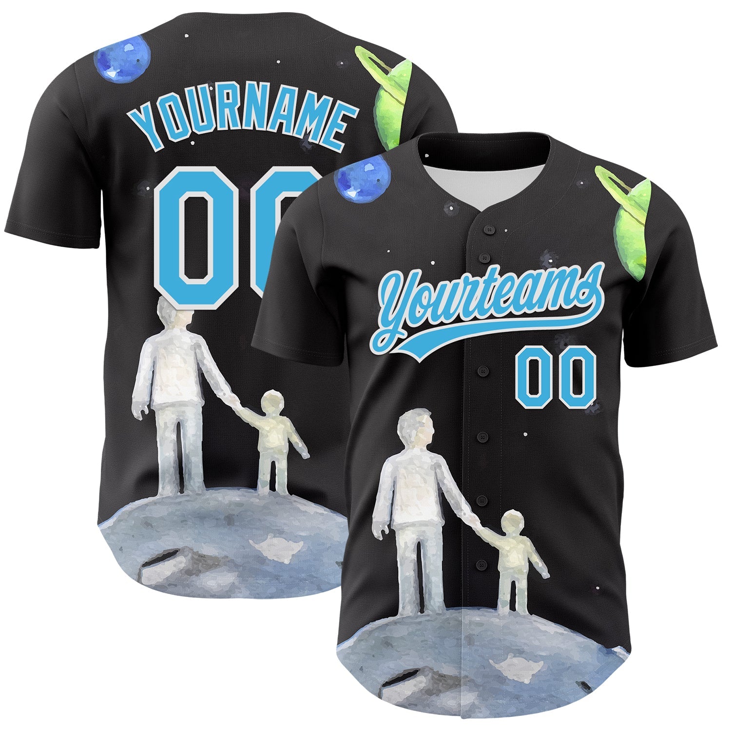 Custom Black Sky Blue-White 3D Pattern Design Father's Day Family Love Authentic Baseball Jersey - Main View