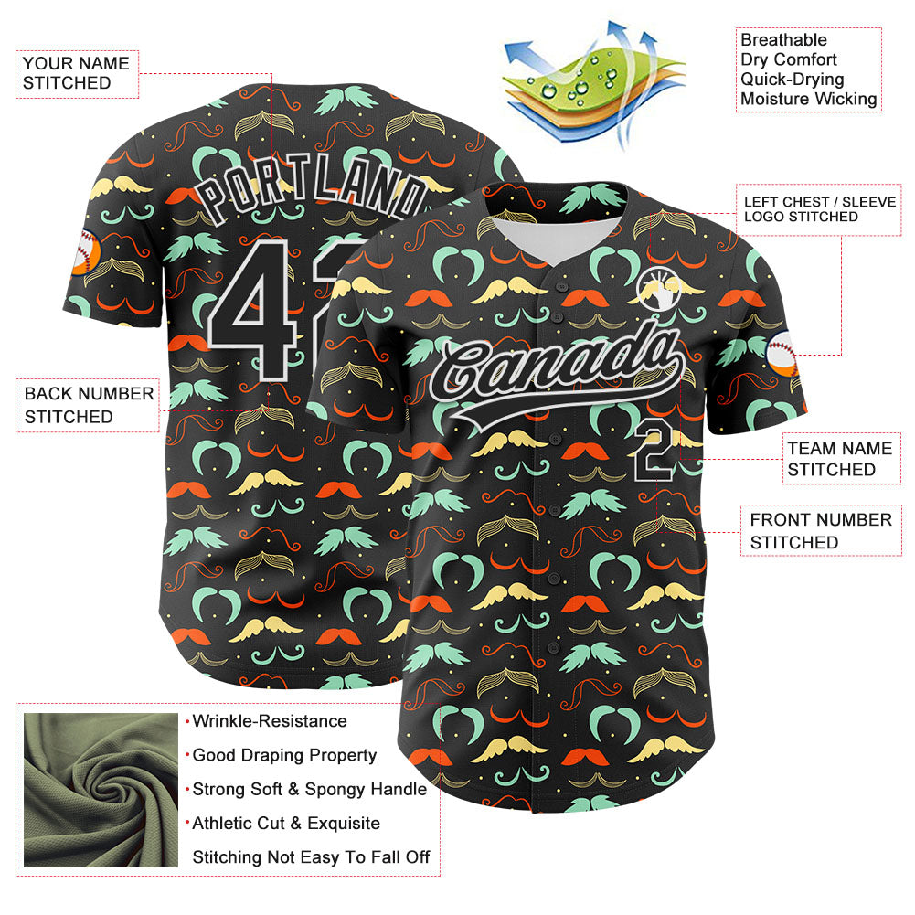 Custom Black White 3D Pattern Design Father's Day Mustache Authentic Baseball Jersey view 3