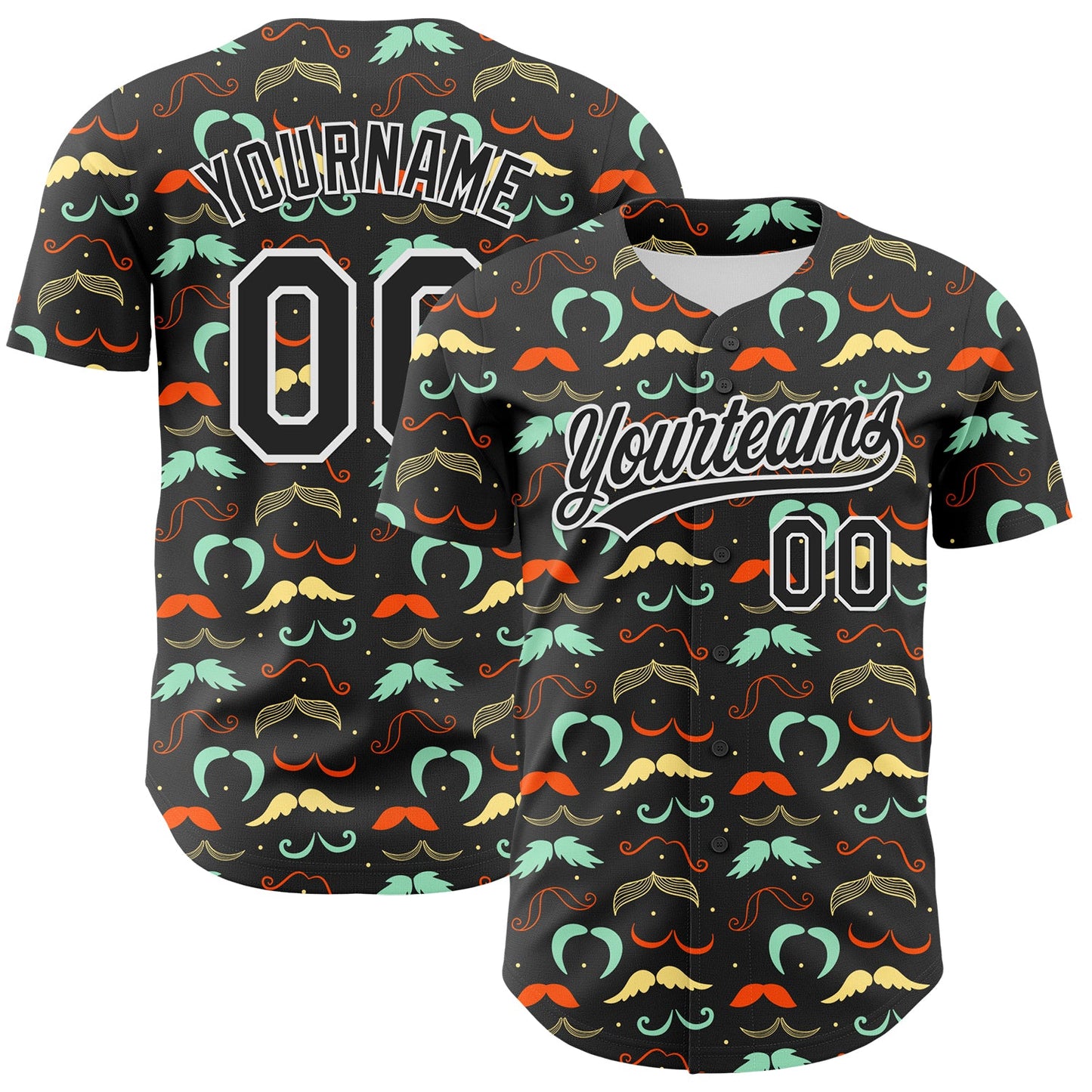 Custom Black White 3D Pattern Design Father's Day Mustache Authentic Baseball Jersey - Main View