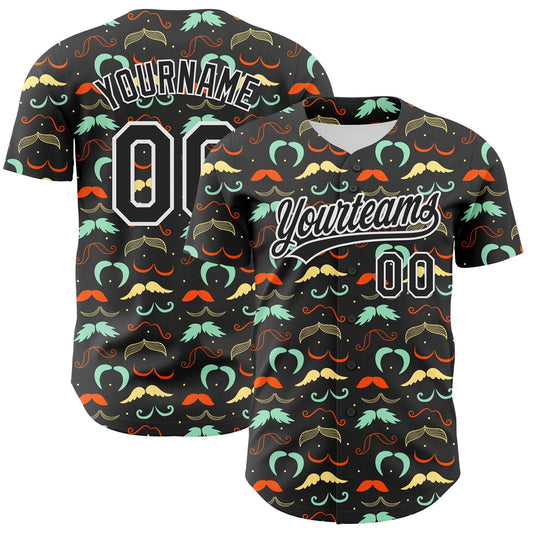 Custom Black White 3D Pattern Design Father's Day Mustache Authentic Baseball Jersey - Main View