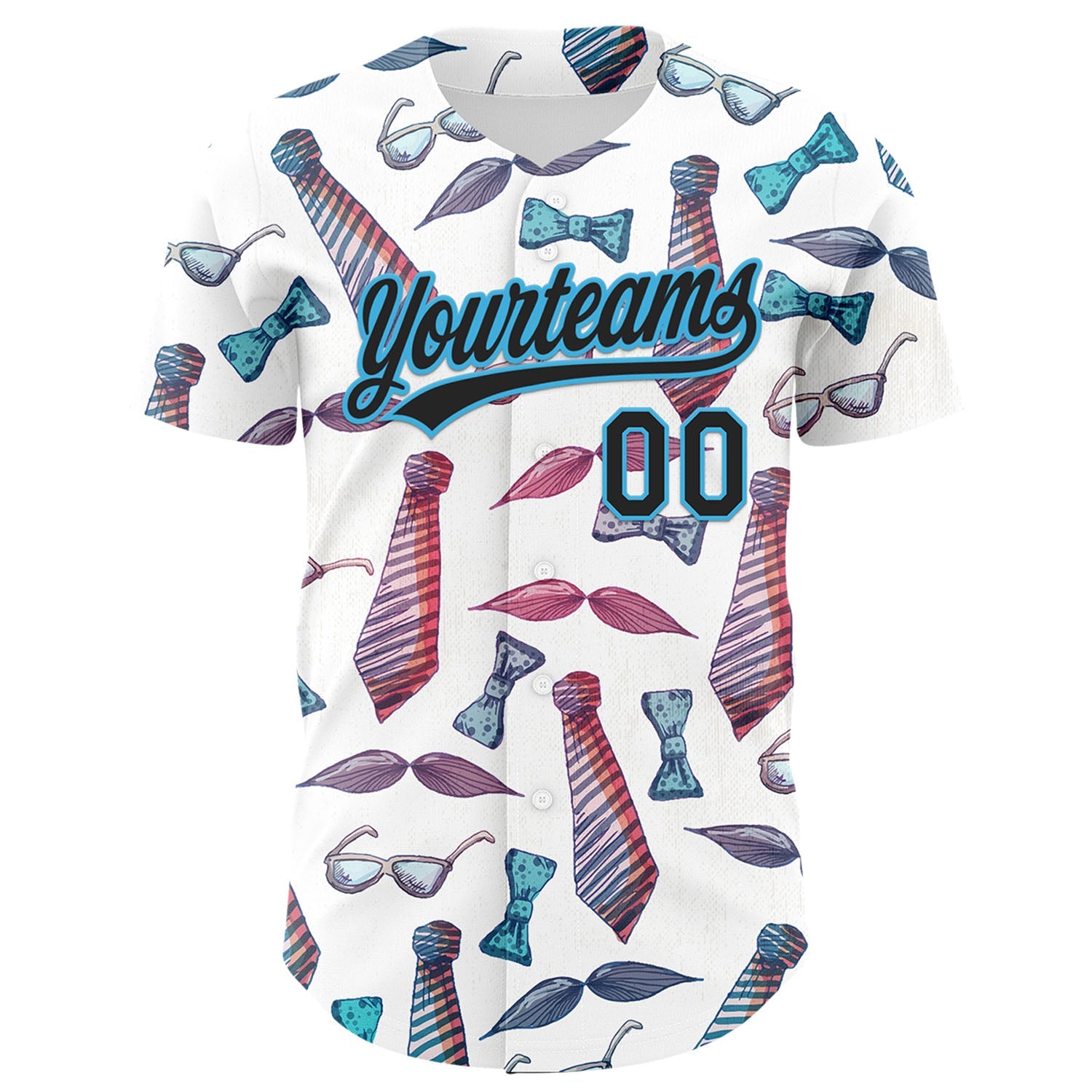 Custom White Black-Sky Blue 3D Pattern Design Father's Day Mustache And Tie Authentic Baseball Jersey view 2