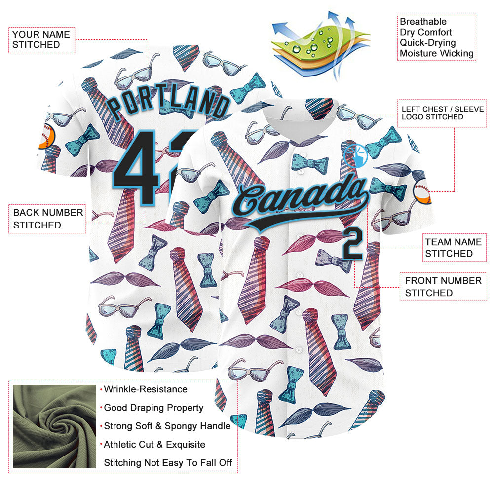 Custom White Black-Sky Blue 3D Pattern Design Father's Day Mustache And Tie Authentic Baseball Jersey view 3